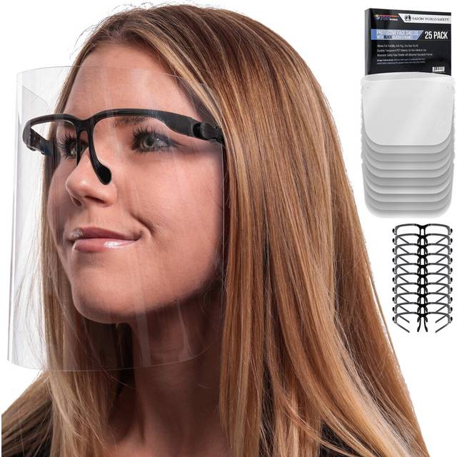 TCP Global Salon World Safety Face Shields with Black Glasses Frames (Pack of 25) - Ultra Clear Protective Full Face Shields to Protect Eyes  Nose  Mo