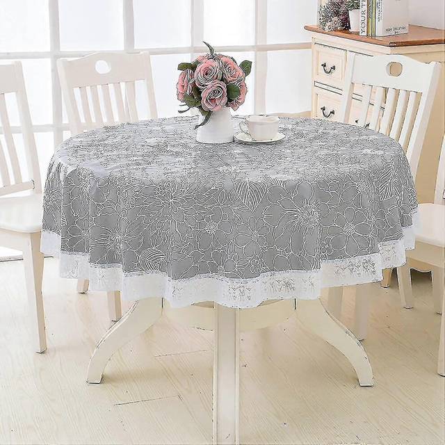 (As show, One size) 180cm Round Pvc Oilcloth Tablecloth, With Floral And Lace Pattern, Waterproof Stain Resistant Round Tablecloth Table Cover For Din