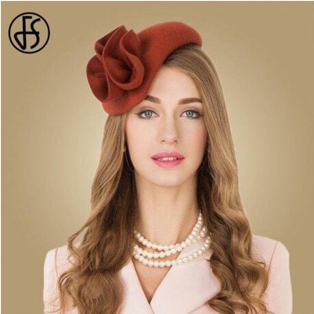 (Orange Fascinators) FS Ladies Wool Hat Tea Party Wedding Fascinator Hats For Women Formal Vintage Hat Pillbox Felt Flower Fedoras Chapeau Femme