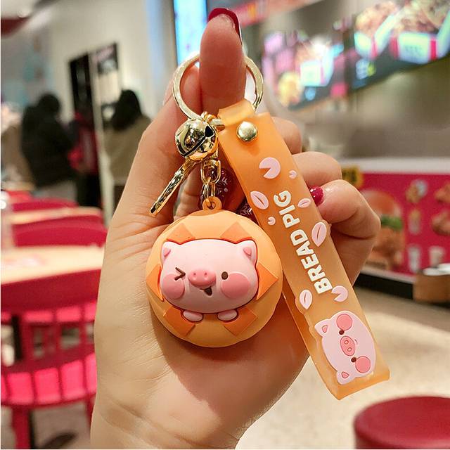 (Donut) Adorable Chocolate Bread Pig Keychain Soft Silicone Cartoon Bag And Car Accessory