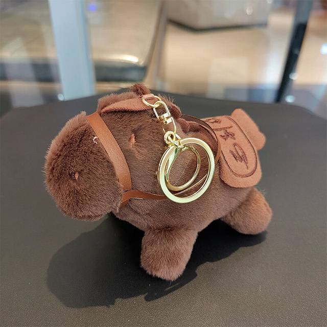 (GoldDark Brown) Charming Plush Pony Keychain In Deep Coffee With Silver Rings Great For All Ages