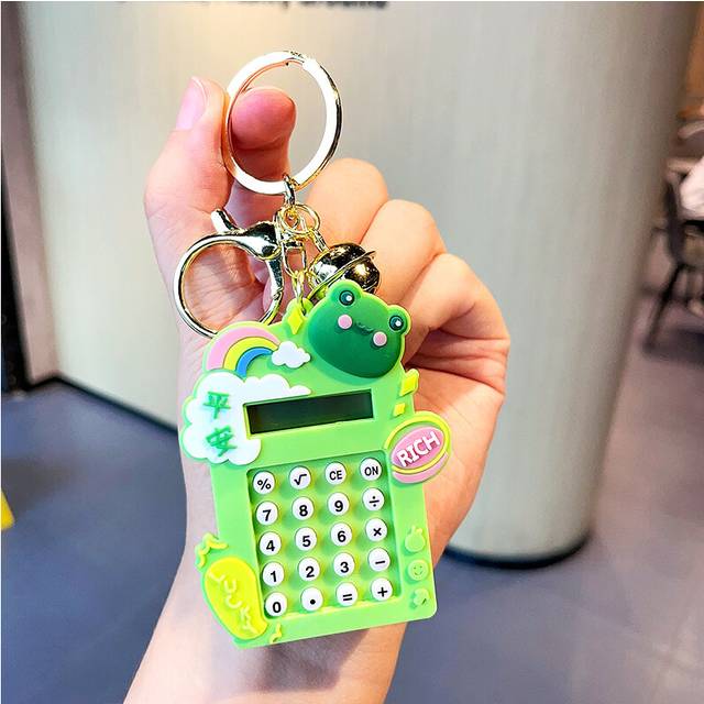 (Green Frog) Pink Rainbow Bunny Calculator Keychain Soft Rubber Adorable Keyring For Girls And Teens