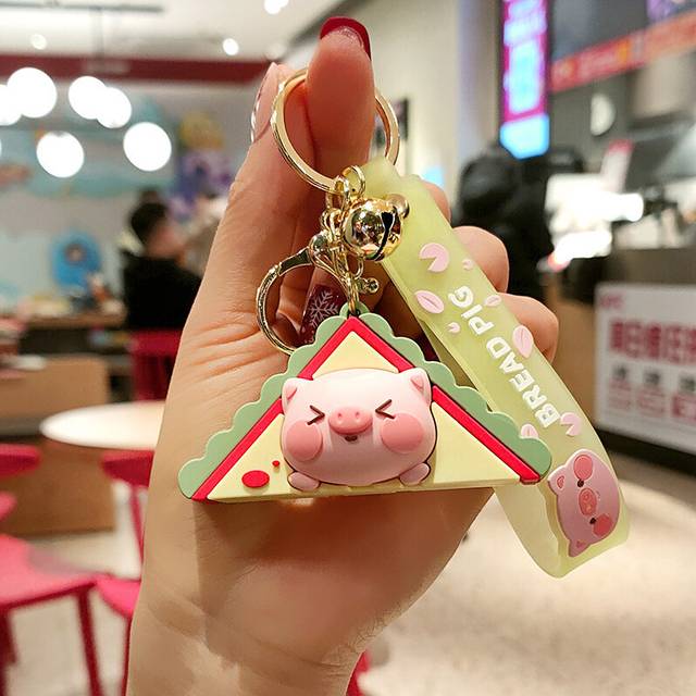 (Green) Adorable Chocolate Bread Pig Keychain Soft Silicone Cartoon Bag And Car Accessory