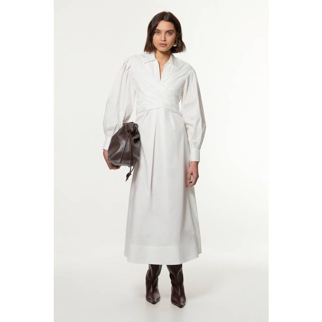 Petite Cotton Poplin Drama Sleeve Woven Wrap Detail Shirt Dress - White
