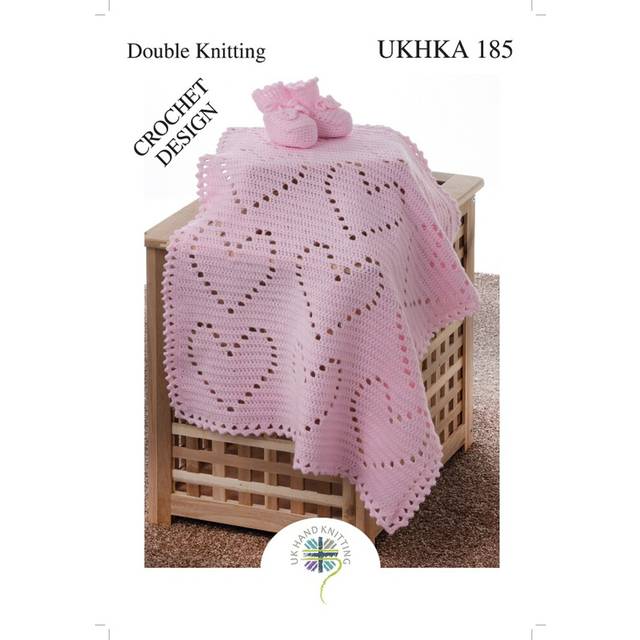 UKHKA 185 DK Crochet Pattern Heart Pattern Baby Blanket & Bootees