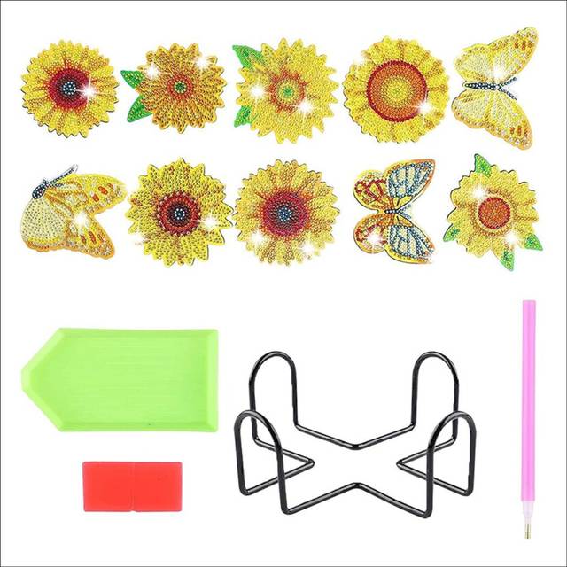 10Pcs Sunflower Coasters Kits with Holder for Beginners Adults and Kids Art Craft Supplies