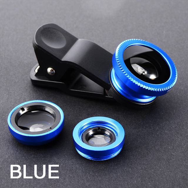 (Blue) Fish Phone Lens Generic Camera for Smartphone Wide Angle Fisheye Lens and Clip Macro Camera Sets 3 In 1 Support iPhone Samsung