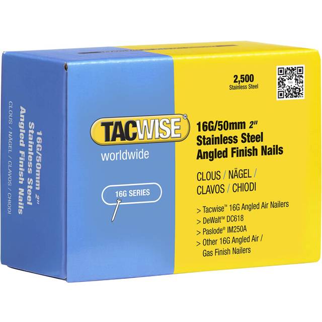Tacwise 1225 Type 160/50mm 16G Stainless Steel Angled Finish Nails for Nail Gun (1000), Silver, 2500 Count (Pack of 1)