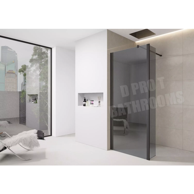 (1100mm Screen With 300mm Flipper) 8mm Tinted Grey Shower Screen Enclosure â Black Trim, Walk-In Wet Room with Flipper Panel