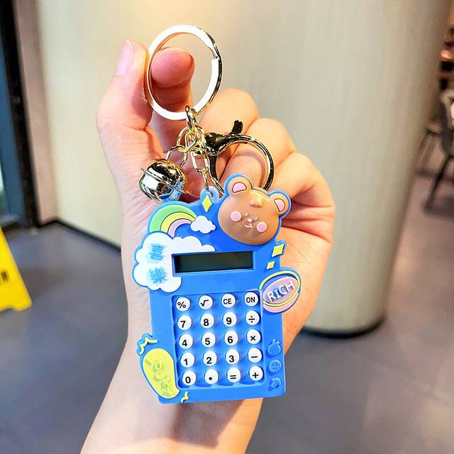(Blue Bear) Pink Rainbow Bunny Calculator Keychain Soft Rubber Adorable Keyring For Girls And Teens