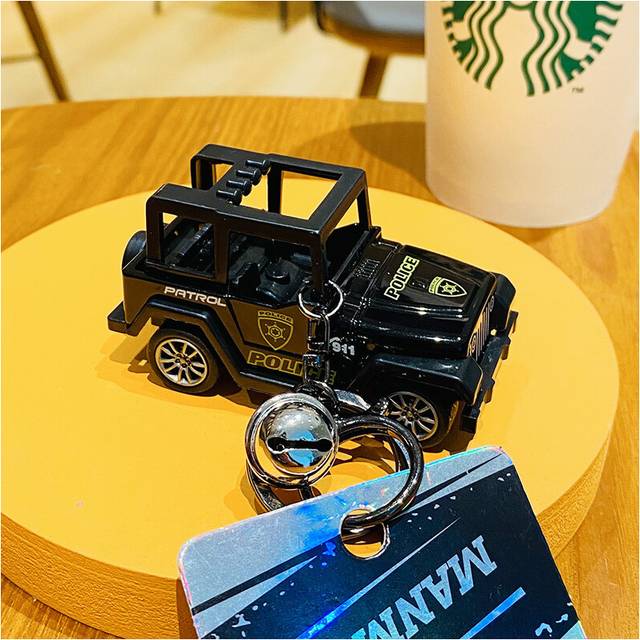 (Black) Police Jeep Car Keychain Cool Zinc Alloy Model Perfect For Gifting