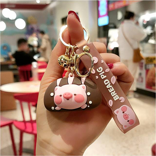 (Bread) Adorable Chocolate Bread Pig Keychain Soft Silicone Cartoon Bag And Car Accessory