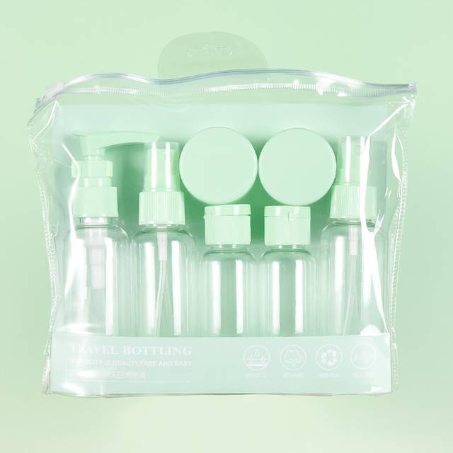 (Green) 7pcs Makeup Travel Dispenser Portable Toiletry Kit Pressed Spray Bottle Tools