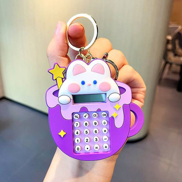 (Purple Bunny) Pink Rainbow Bunny Calculator Keychain Soft Rubber Adorable Keyring For Girls And Teens