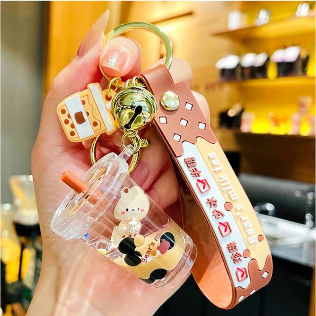 (MilkTea Cup) Bear Floating Milk Tea Keychain Stylish Acrylic Accessory Ideal For Promotional Gifts