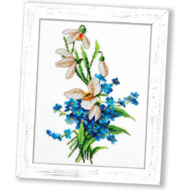 Povitrulya Spring Flowers Cross Stitch Kit Snowdrops  | Embroidery Set with White Floral Pattern and 16 Count Aida Fabric