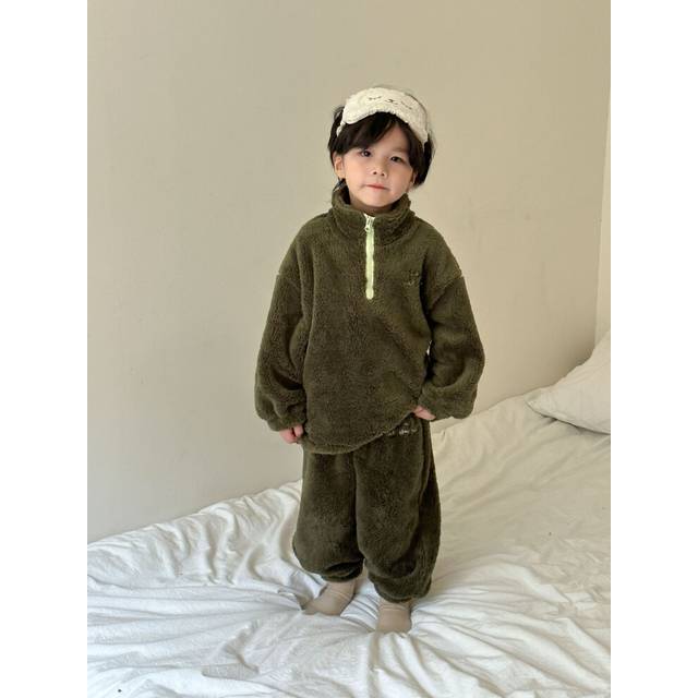 (Army Green, 80cm) Childrens Autumn Winter Pajamas Set Flannel Coral Thick Hoodie Velvet Solid Warm Pant Suit 2024 New Kids Boys Homesuit