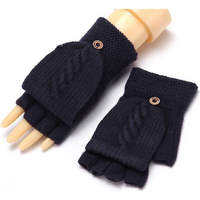 (One size, B- Navy) Women Half Finger Gloves Winter Warm Thicken Wool Gloves Girls Knitted
