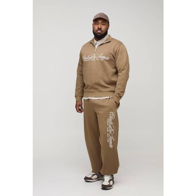 Mens Tan Plus Regular Fit Embroidered 1/4 Zip Tracksuit