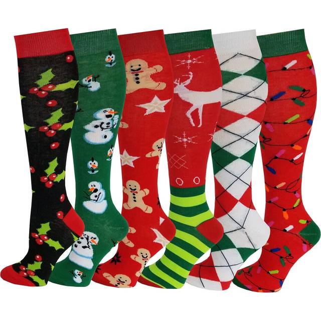 6 Pairs Women's Fancy Design Multi Colorful Patterned Knee High Socks Christmas 2017 Size 9-11 ( Fit women shoe size 4 to 10 )
