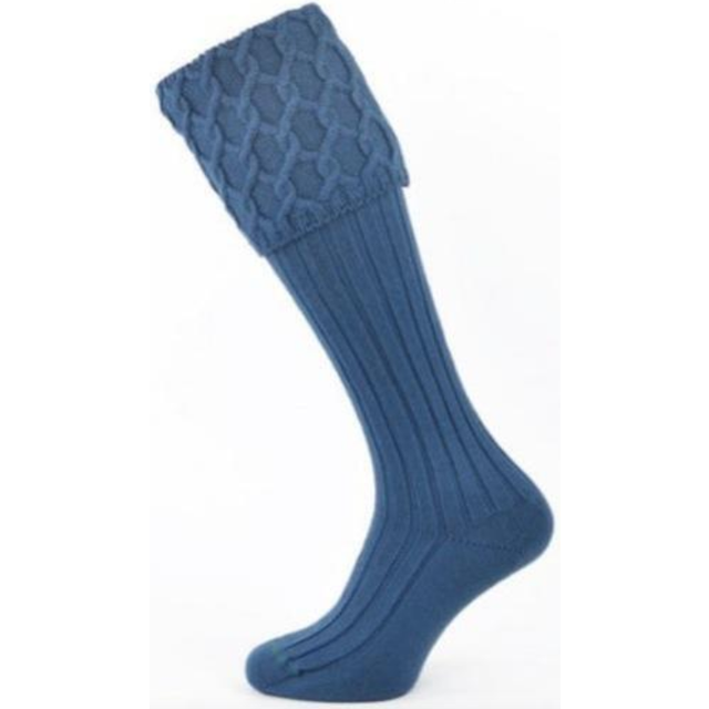 (Small UK 5.5 to 7.5) Lewis Cable Knit Ancient Blue Merino Wool Kilt Hose Socks Made in Scotland
