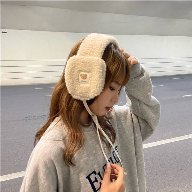 (khaki) Autumn Winter Fur Earmuffs Women Ins Thick Keep-warm Drawstring Adjustable