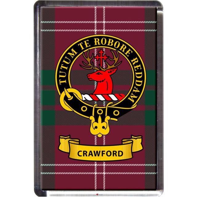 Crawford Tartan Fridge Magnet with Scottish Clan Crest on Clear Acrylic Rectangular Base