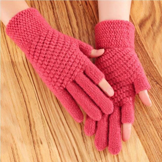 (Leather red) Winter Men's Gloves Female Warmth Office Thick Knitted Wool Two-finger