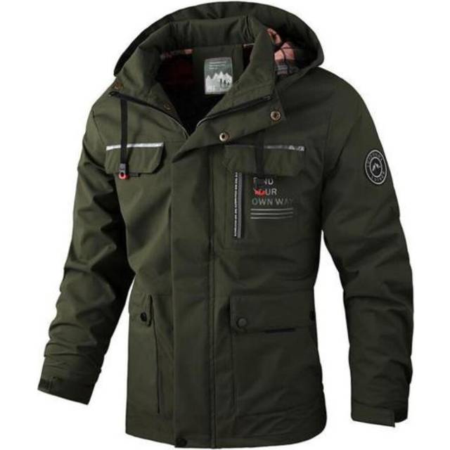 (army green, XL) Men Zipper Buttons Placket Casual Windbreaker Jacket Lapel Hooded Long Sleeve Multi Pockets Design Waterproof Outdoor Soft Shell Wint