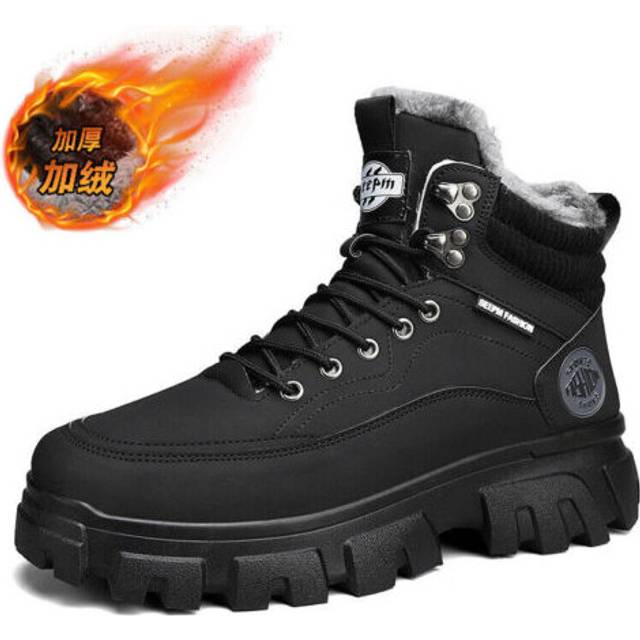 (Black with fur, UK8.5=EU43) Men's Shoes Plush Ski Boots Waterproof Winter Warm Snow Boots Non-slip Hiking