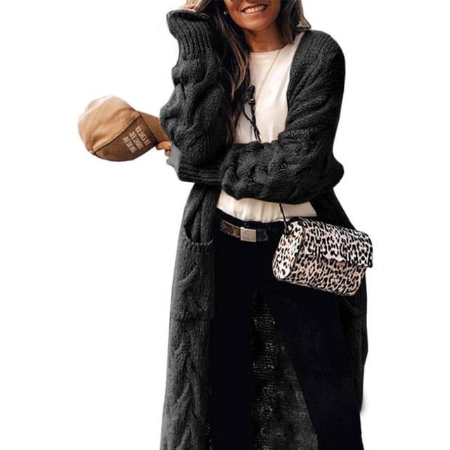 ZIWOCH Women's Long Cardigan Coats Cable Knit Casual Open Front Long Sleeve Loose Sweater with Pockets Black