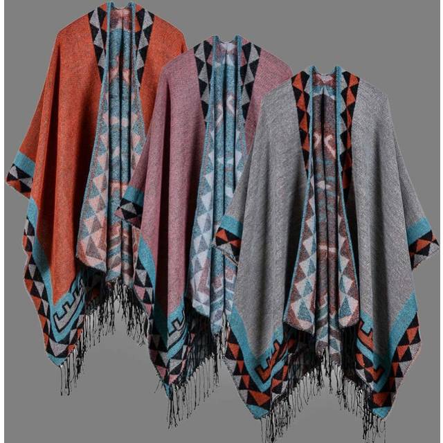 Boho Women Knitted Shawl Poncho Faux Cashmere Geometric Pattern Tassel Oversized Warm Long Cape M grey