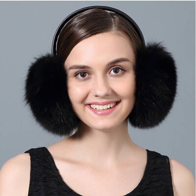 (Black) Fox Fur Earmuffs Women New 2017 Warm Natural Fur Pompom Earmuffs Lovely