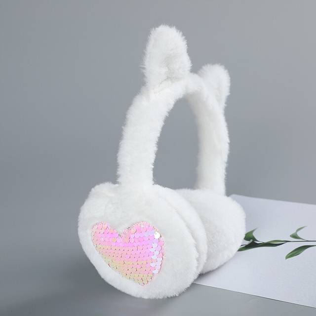 (White) Autumn And Winter Warm Fur Earmuffs Cute Sequin Heart Earmuffs Solid