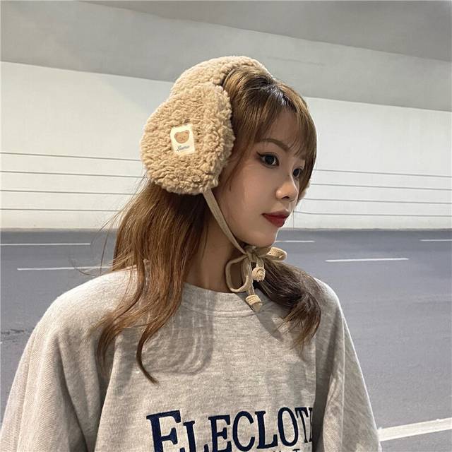 (brown) Autumn Winter Fur Earmuffs Women Ins Thick Keep-warm Drawstring Adjustable