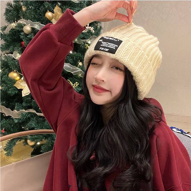 (Square logo - beige) Knitted hats cold hats for women and men autumn and winter new large head wool hats all-match warm patch pile hat