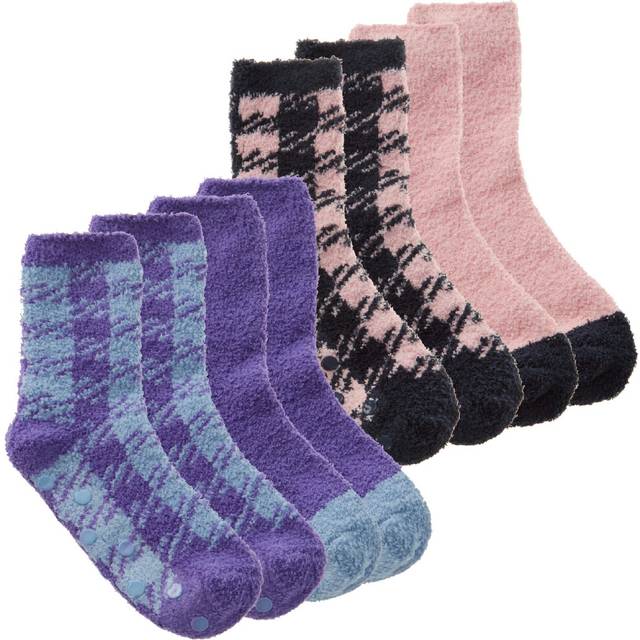 (Pink & Purple - 4 Pairs, UK 4-8 (EUR 37-42)) Ladies Warm Cosy Fluffy Bed Check Winter Loungewear Socks With Non Slip Grip Size Uk 4-8