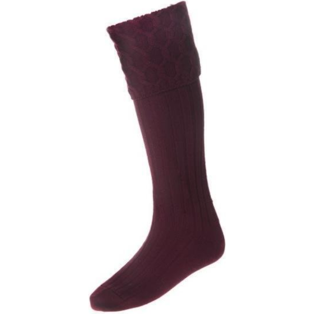 (Extra Large UK 13 to 14.5) Lewis Cable Knit Burgundy Claret Merino Wool Kilt Hose Socks Made in Scotland