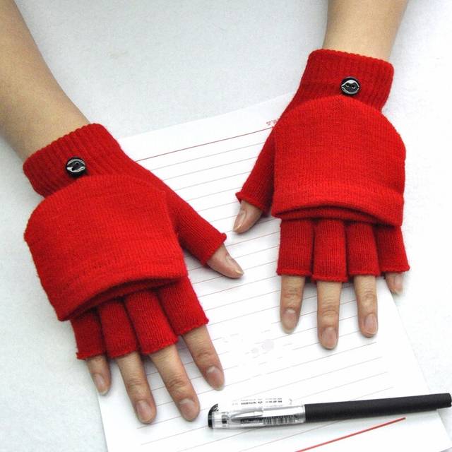 (One Size, Type B - Red) Half Finger Flip Gloves Winter with Finger Caps Knitted Fingerless Touchscreen