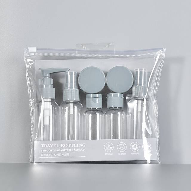 (Gray) 7pcs Makeup Travel Dispenser Portable Toiletry Kit Pressed Spray Bottle Tools