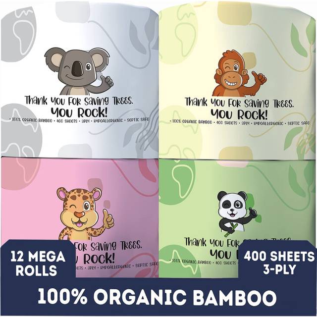 MOTHER EARTH Bamboo Toilet Paper - Ultra Soft & Strong 3-Ply Bath Tissue, 400 Sheets Per Roll, Hypoallergenic & Septic Safe, Mega Rolls, Pack of 12