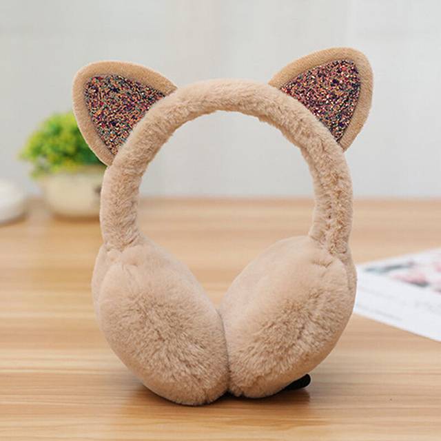 (khaki) Ladies Fur Winter Earmuffs Fall Winter Warm Cute Cat Earflap Plush Casual