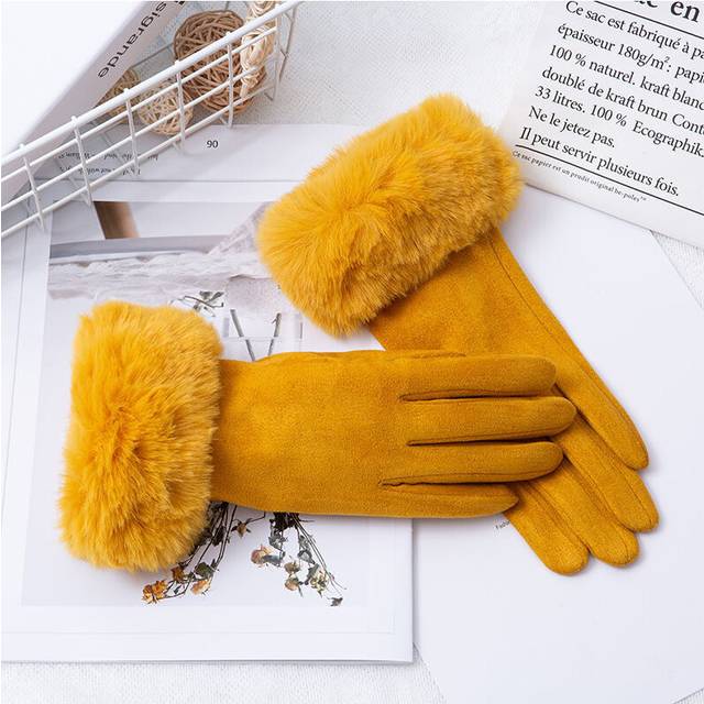 (One Size, Yellow) Korean Suede Leather Sports Cycling Warm Gloves Women's Winter Plus Velvet