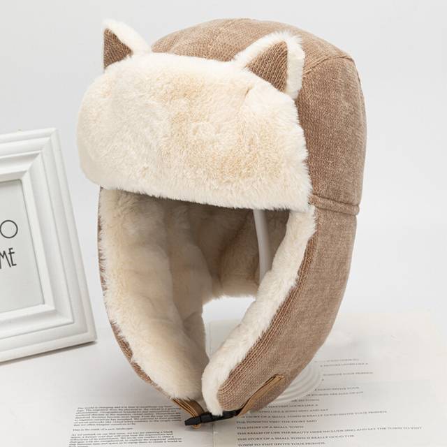 (A-Khaki) Women Warm Earmuffs Thicken Ear-flapped Hat Winter Cashmere Plush Cotton