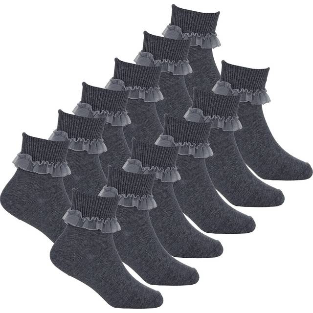 (Grey- 6 Pairs, 4-5.5) 6 Pairs Childrens Girls Frilly Socks Ankle Back To School Uniform Lace Ruffle Navy Black White Grey Size 6.5-5.5