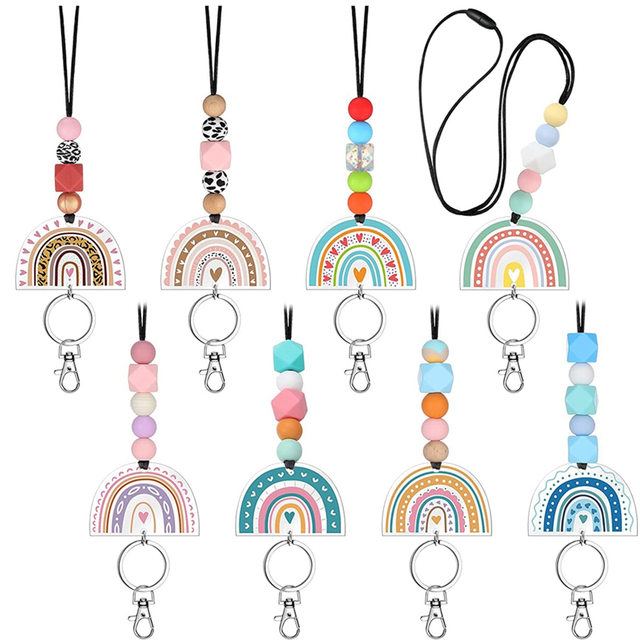 8 Pcs Teacher Lanyard for Id Badges and Keys Acrylic Boho Rainbow Beaded Cute Keychains Women