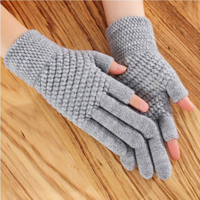 (Gray) Winter Men's Gloves Female Warmth Office Thick Knitted Wool Two-finger