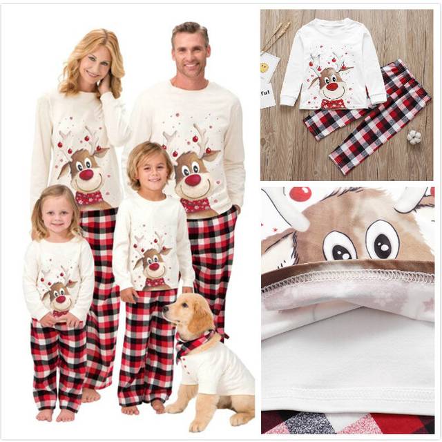 (Kids 8T) Family Christmas Pajamas Matching Set, Elk Print Long-Sleeve Tops with Plaid Pants Sleepwear Set for Adult, Kid, Baby, Dog