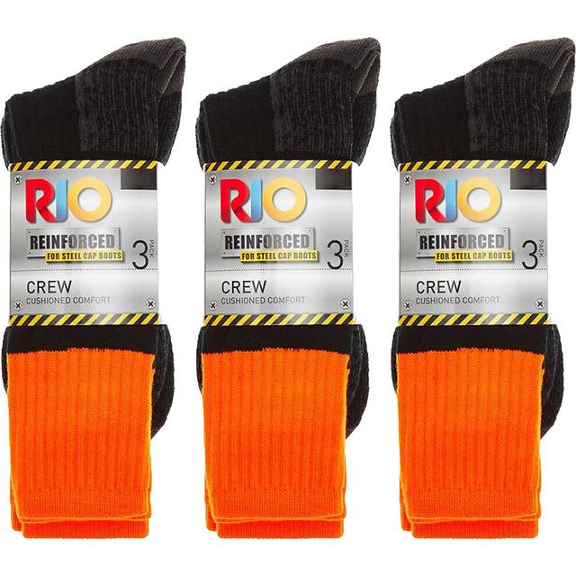 (11-14) 9 Pair Rio Reinforced Steel Cap Crew Men Thick Tough Work Socks Black Orange Bulk