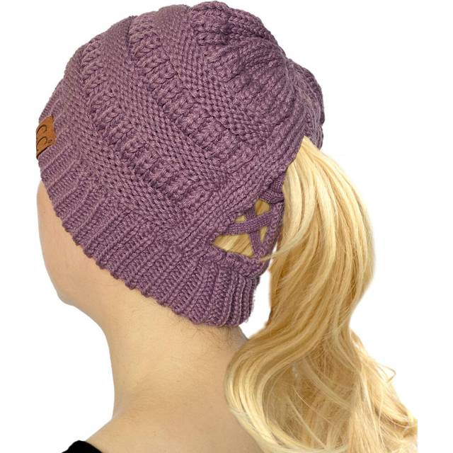 C.C Criss Cross Ponytail Messy Buns Knit Stretchy Beanie Winter Cap Hat (Solid Violet)